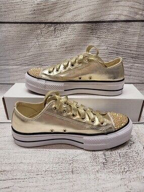 Converse Chuck Taylor All Star Lift Ox Gold Metallic Custom Rhinestone Toe Cap.